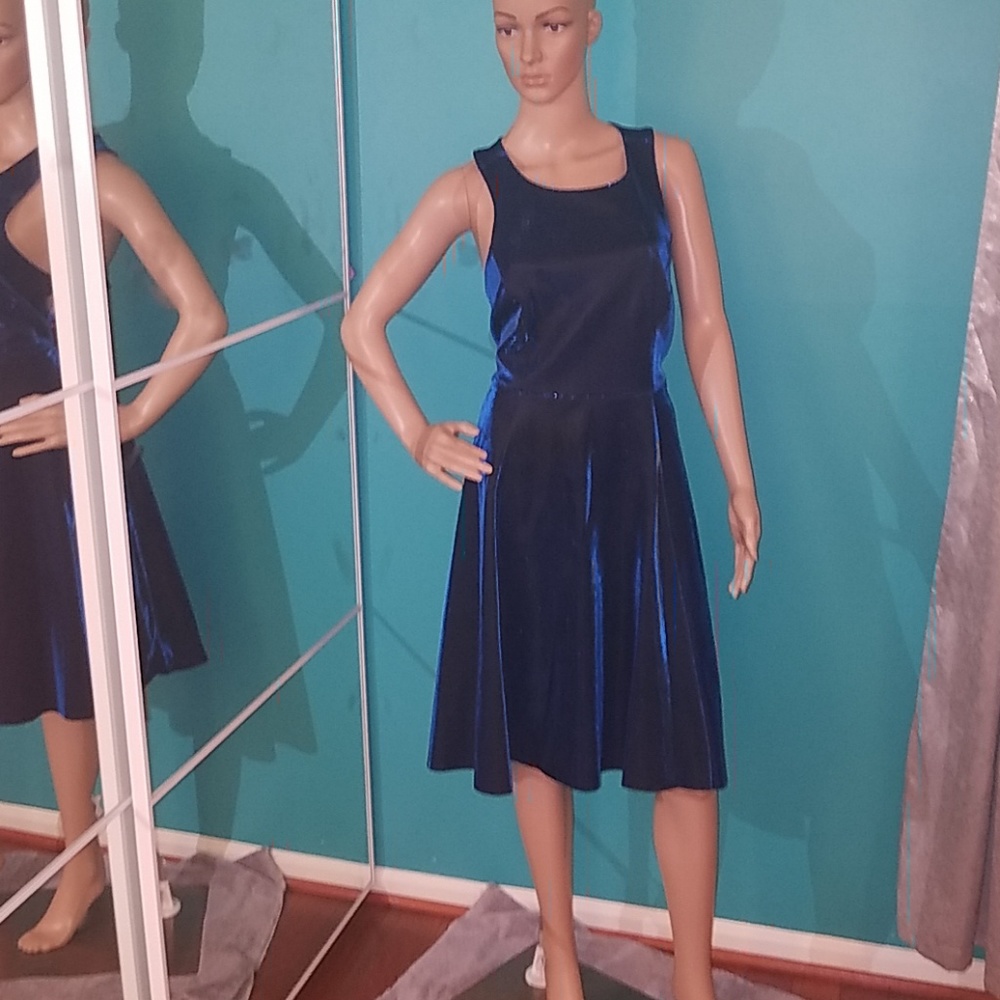 BLUE SHINY IRIDESCENT RACERBACK SKATER DRESS